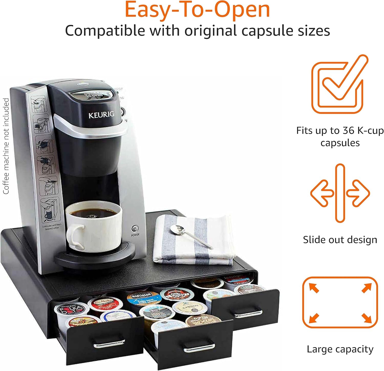 Sleek Black Coffee Pods Drawer - Store Up to 36 K-Cup Pods!